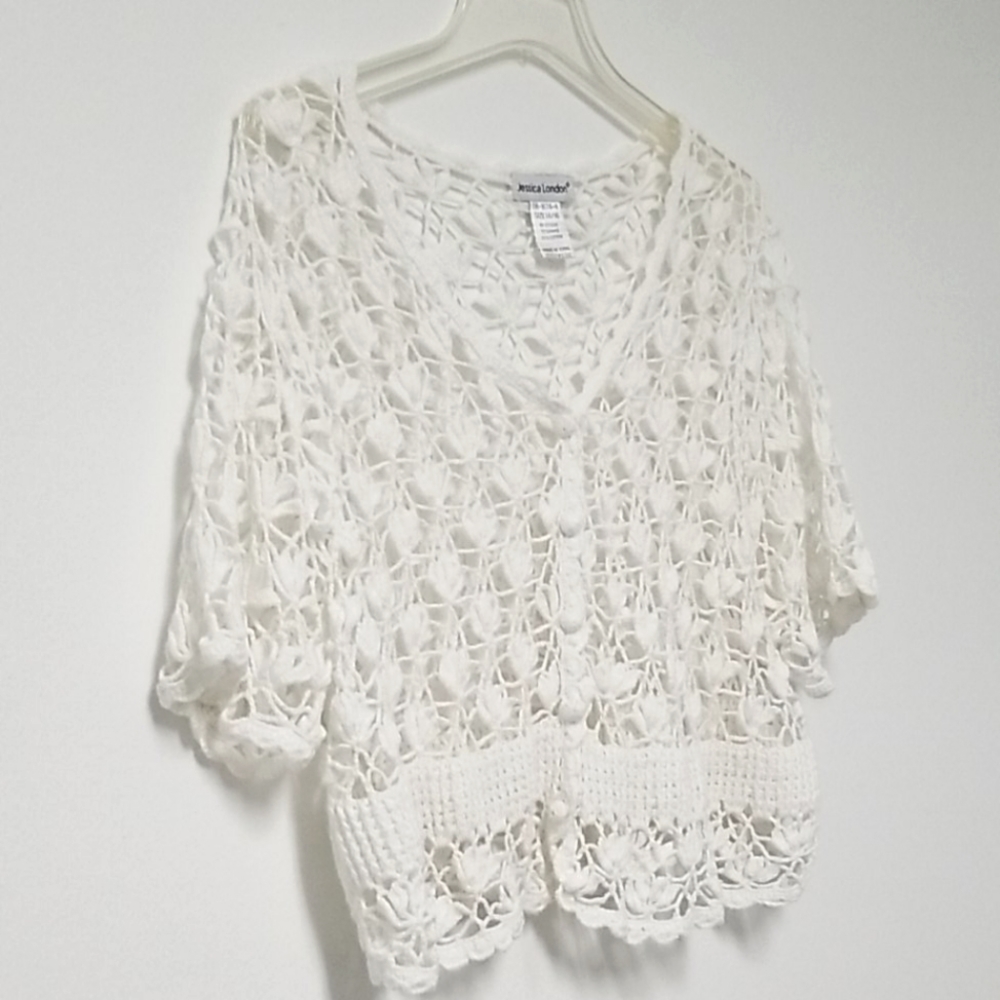 Crochet Cropped Cardigan Sweater Vneck‎ White Coquette Size Large - Picture 2 of 9